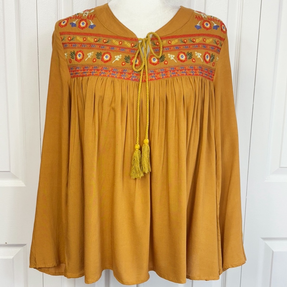 Jodifl Boho Tan Multi Floral Embroidered Tassel Tie Peasant Blouse Small